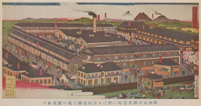 写真：「上州富岡製糸場」(原富岡製糸場発行の絵はがきによる。群馬県立図書館デジタルライブラリー)